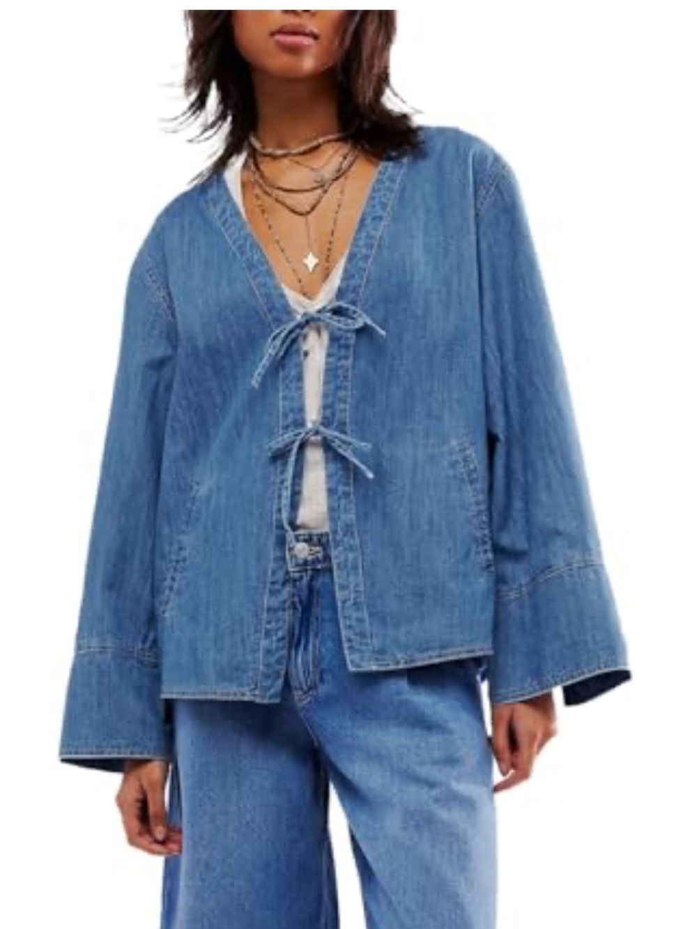 Free People Dragonfly Blue Denim Jean Jacket with Ties size Large 100% Cotton - Picture 5 of 13